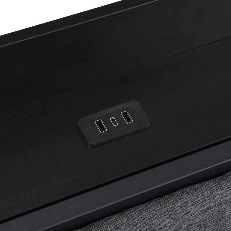 Modern Metal Bed Frame with LED Lights & Charging Ports, Storage Drawers, Padded Headboard, 209x137.5x100 cm, Black