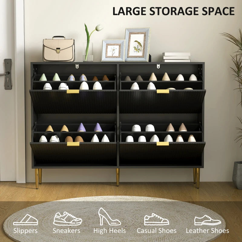 Narrow Black Shoe Cabinet with 4 Flip Drawers for Space Saving Storage