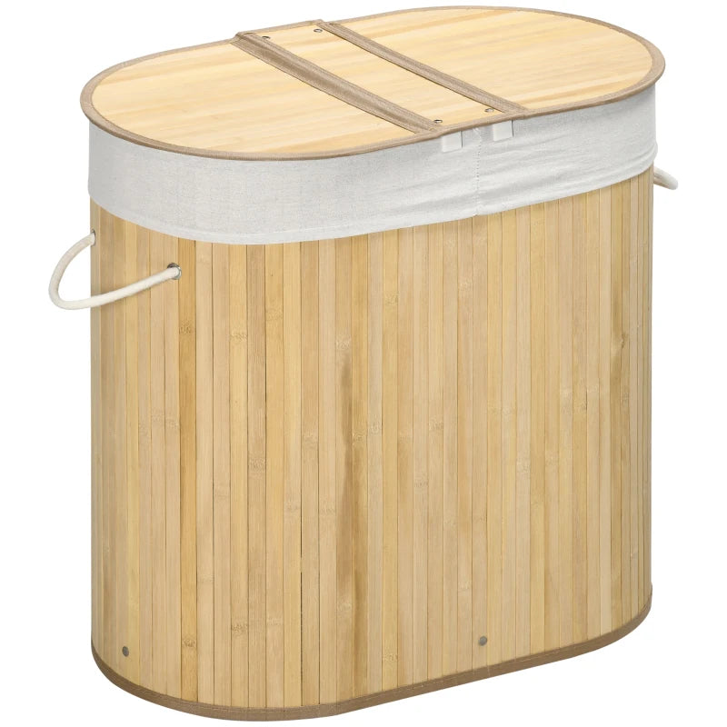 Natural Bamboo Laundry Basket with Lid - 100L Hamper, 2 Sections, Removable Washable Lining, 62.5x37x60.5cm