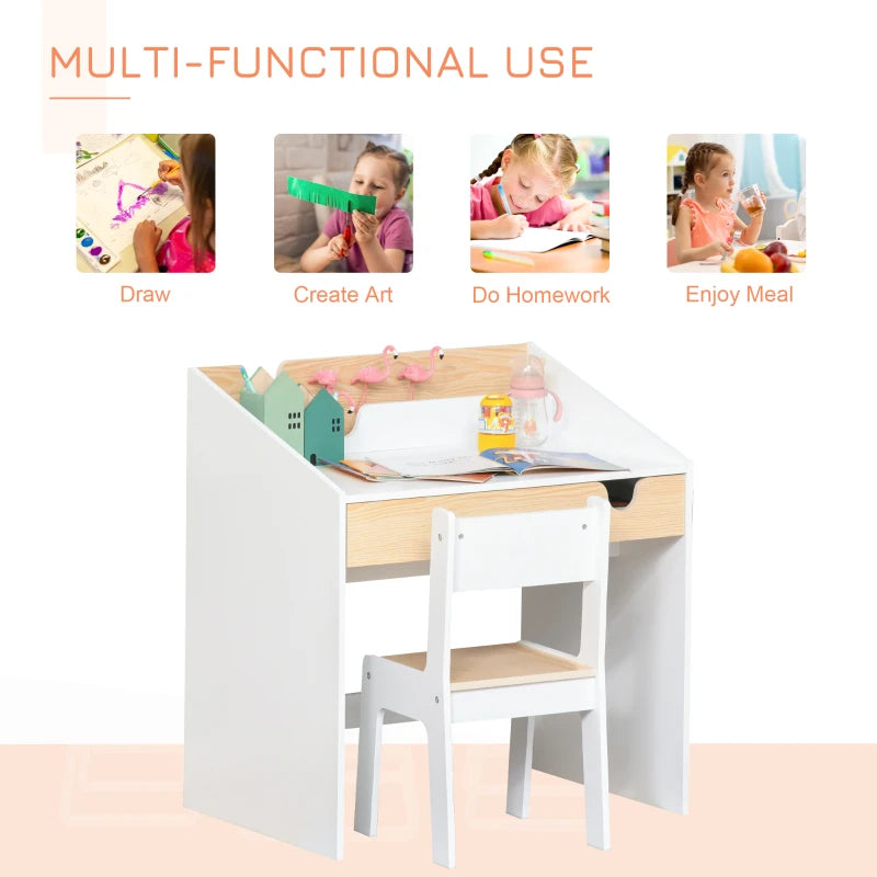 Kids Desk and Chair Set - 2-Piece Study Table with Storage Drawer & Bookshelf for Ages 3-6 - Ideal for Writing & Drawing