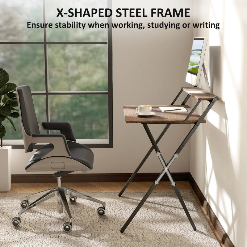 81.5 cm Rustic Brown Folding Computer Desk with Monitor Shelf - Space-Saving Home Office Furniture