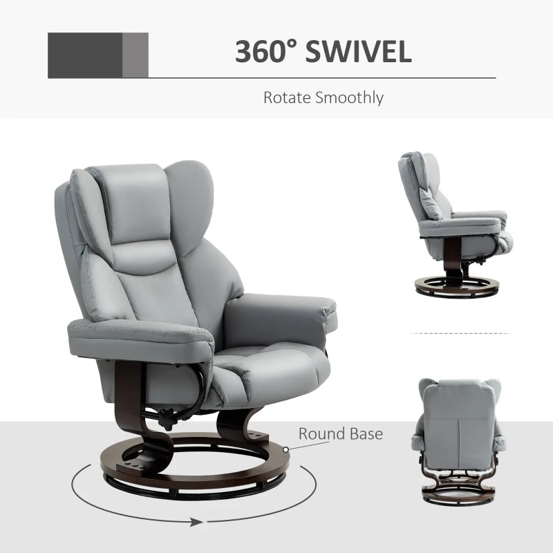 Faux Leather Recliner Chair with Footstool - Swivel Upholstered Armchair with Adjustable Backrest and Solid Wood Base in Light Grey