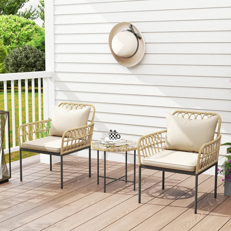 3 Piece Rattan Bistro Set with Cushions - Outdoor Wicker Furniture for Patio & Balcony