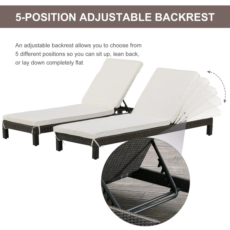 2 Seater Rattan Sun Lounger Set - Brown/Cream White