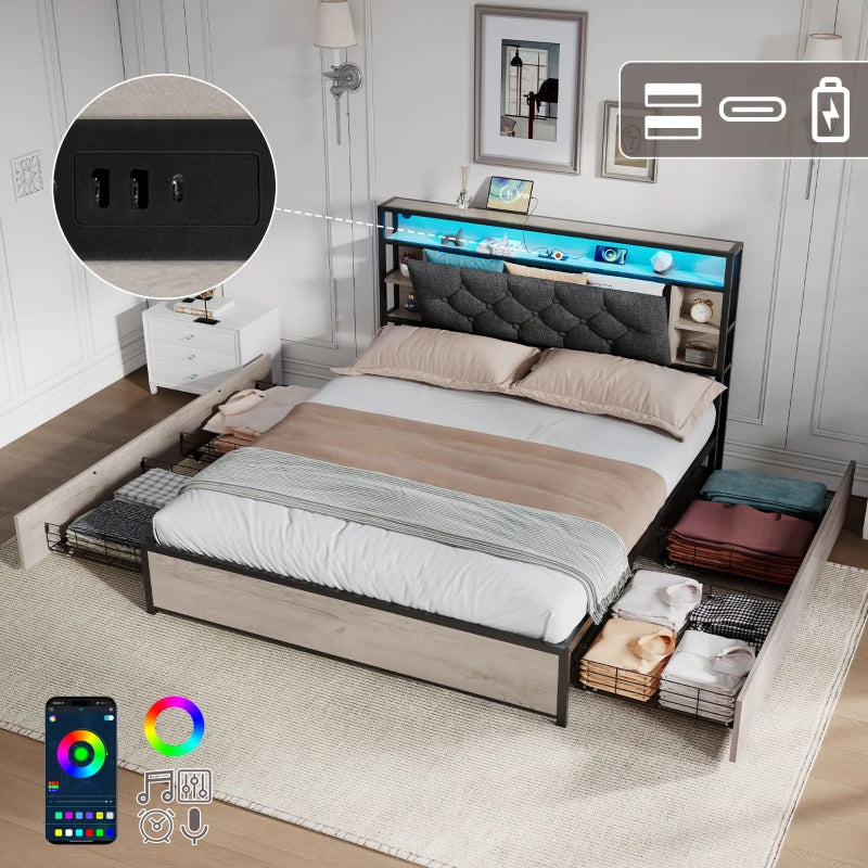 Double Bed Frame with Storage Drawers & RGB LED Lights, USB Ports, Grey & Rustic Brown, 207x138x101 cm