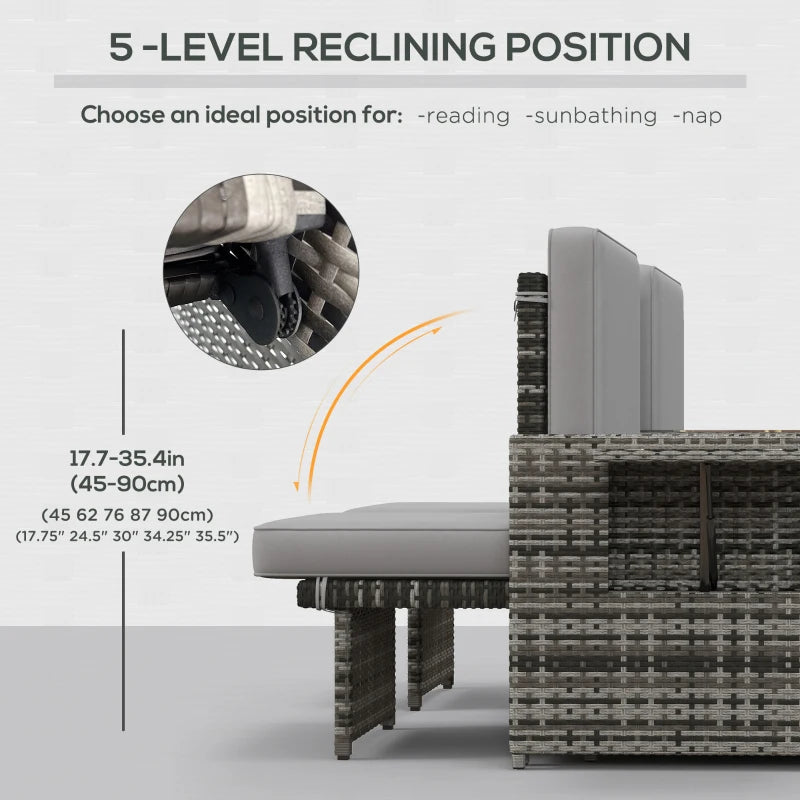 Grey Rattan Sun Lounger Set with Storage Table & Footstools