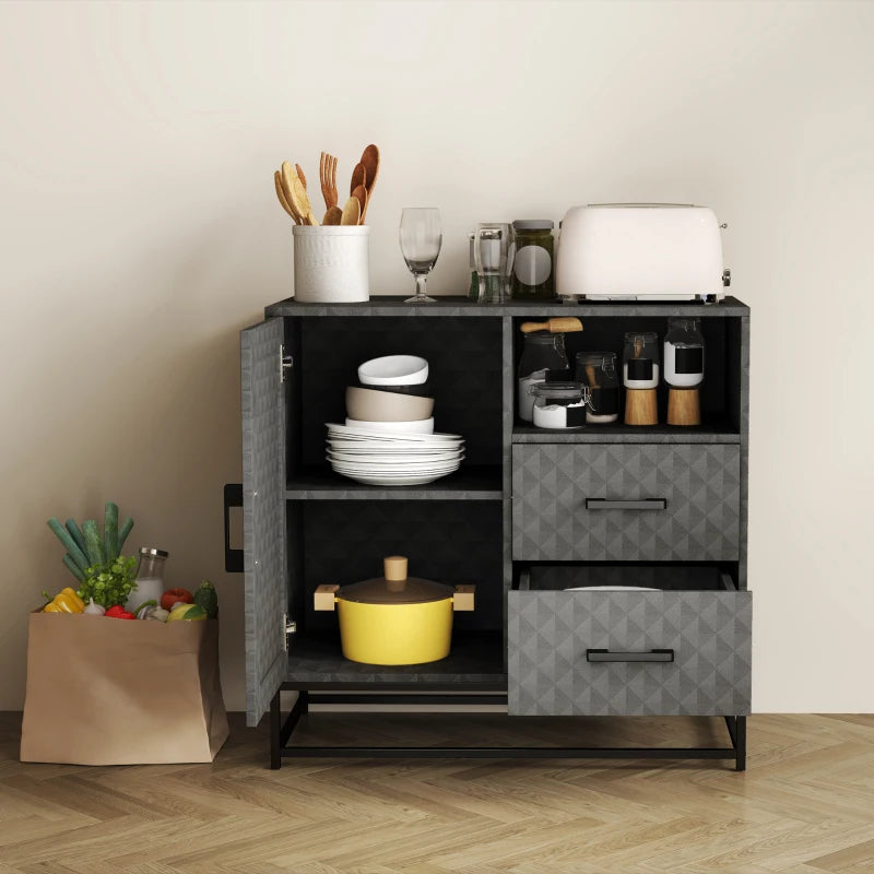 Modern Grey Sideboard Storage Cabinet with Adjustable Shelf, Open Compartment & 2 Drawers - Freestanding Furniture for Living Room