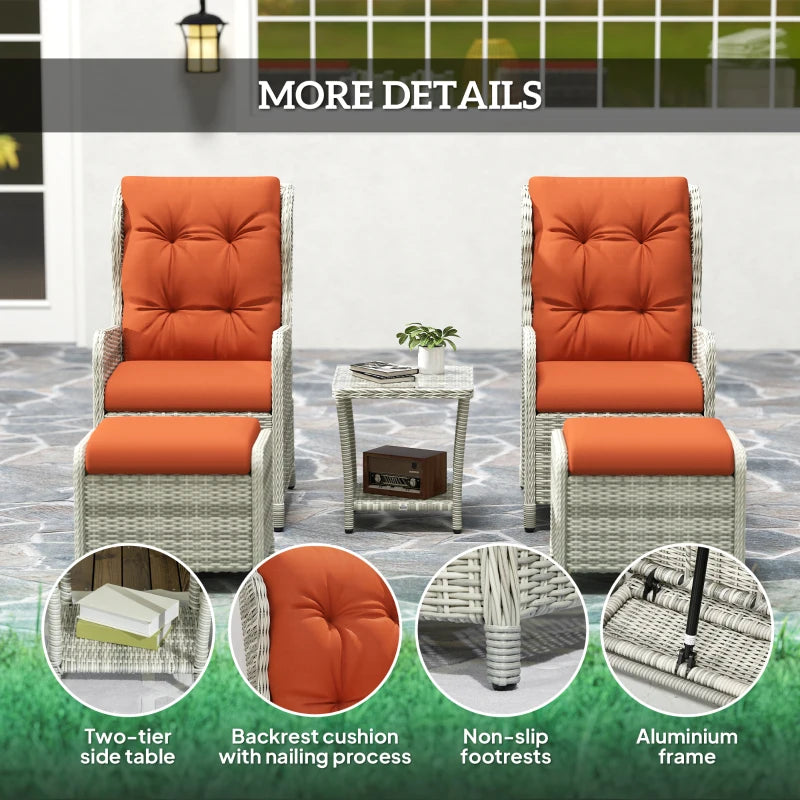 5-Piece Orange Rattan Bistro Set - Adjustable Back Reclining Wicker Balcony Furniture with Cushions, Glass Top Coffee Table and Footstools - Outdoor Table and Chairs