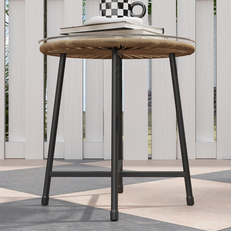 3 Pieces Rattan Bistro Set - Small Garden Table and Chairs with Cushions, Glass Top Coffee Table - Natural Wicker Outdoor Furniture for Patio and Balcony