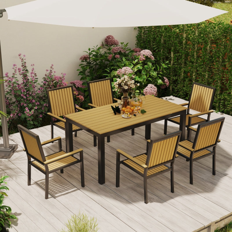 6 Seater Rectangular Garden Dining Set with Stackable Chairs - Aluminium Frame, Wood Plastic Top