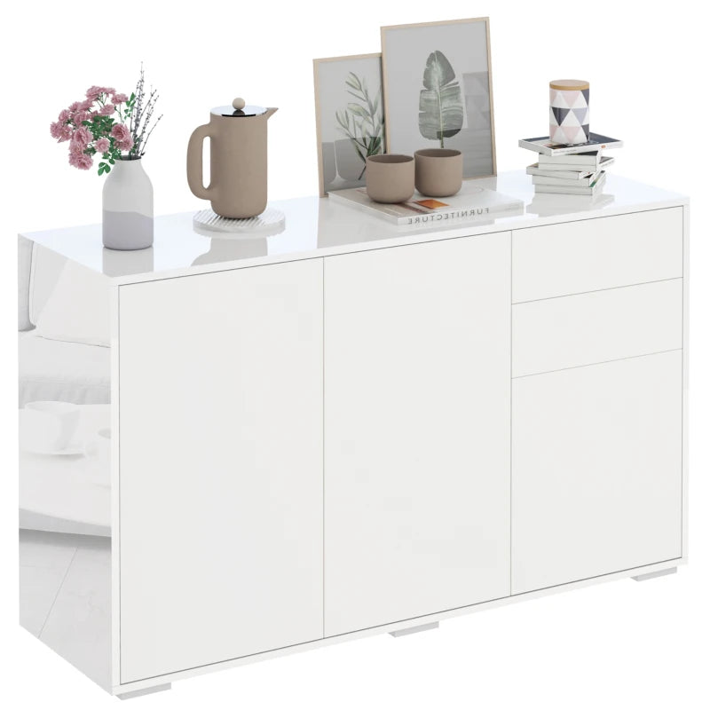 High Gloss White Side Cabinet with Push-Open Design, 2 Drawers & 2 Cabinets, 74H x 117W x 36Dcm for Living Room