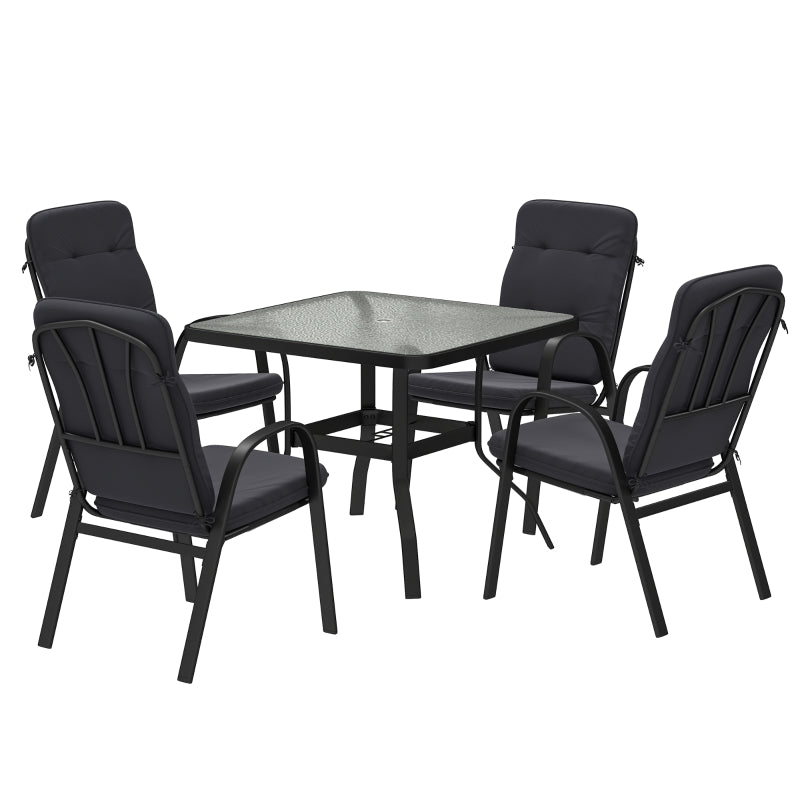 5-Piece Outdoor Square Garden Dining Set with Glass Table & Cushioned Chairs - Black