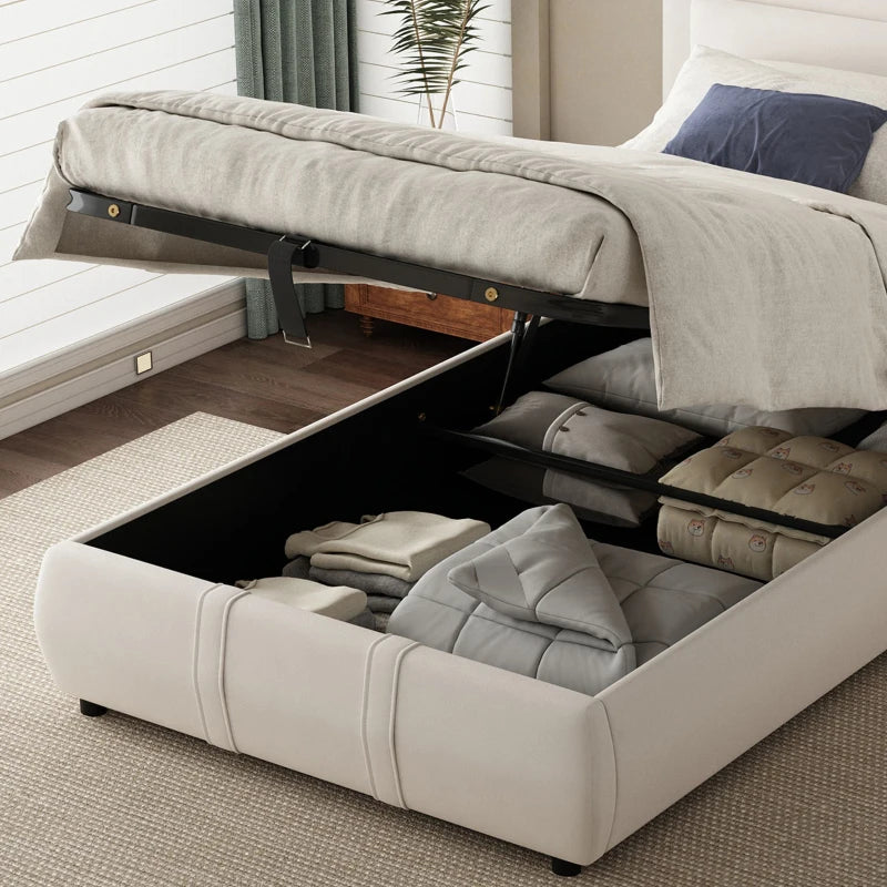 Upholstered Hydraulic Storage Bed with Removable Velvet Headboard - Beige, 210x110x90 cm, Stylish & Functional Bedroom Furniture