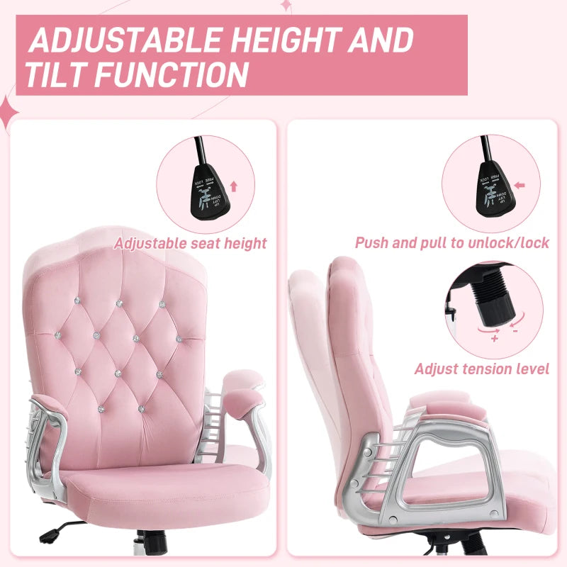 Vinsetto Pink Velvet-Feel Office Chair with Diamante Back - Stylish Ergonomic Design for Home & Office