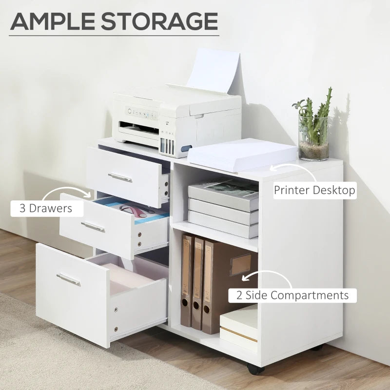 Modern Freestanding Printer Stand with Wheels - Office Desk Storage Unit, 3 Drawers & 2 Open Shelves, White, 80x40x65 cm