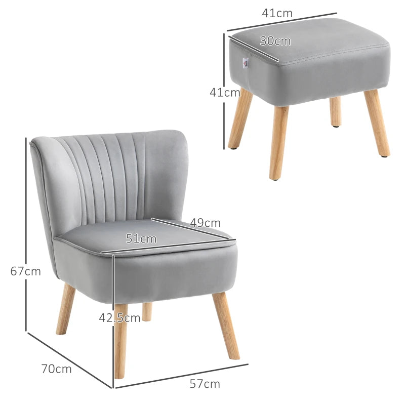 Velvet Accent Chair with Ottoman - Curved Back Tub Seat, Light Grey, Stylish Home Furniture