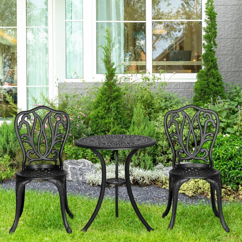3 Piece Black Cast Aluminium Garden Bistro Set with Umbrella Hole - Outdoor Furniture for Balcony, Porch, Patio