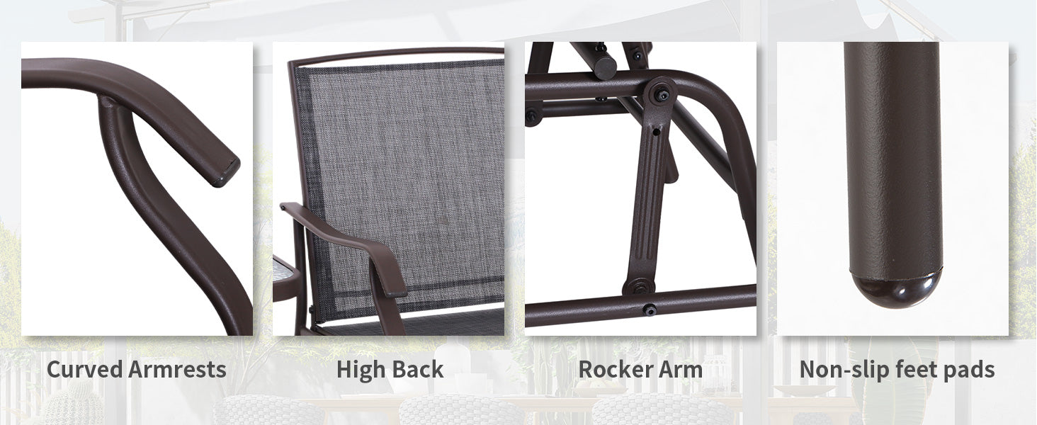 Pair of Rocking Chairs with Table & Breathable Mesh Fabric Seat - Brown Frame & Grey Mesh