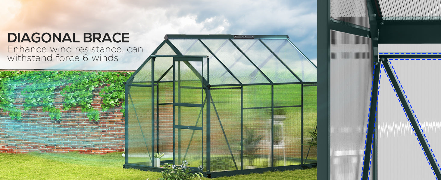 Dark Green 6ft x 8ft Polycarbonate Walk-In Greenhouse with Sliding Door and Window