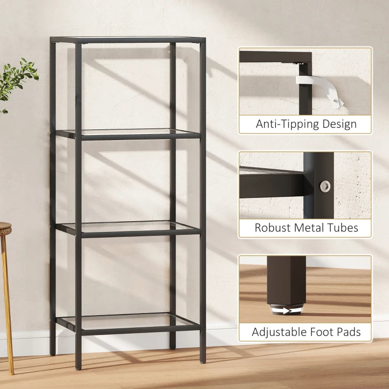 4-Tier Glass Shelving Unit - Stylish Vertical Storage Shelf for Living Room, Home Office, Bedroom & Bathroom - Black