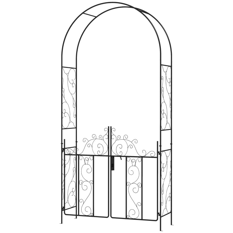 Metal Garden Arch with Double Gates for Climbing Plants - Black, 125L x 38W x 227H cm - Perfect for Roses, Vines, and Weddings