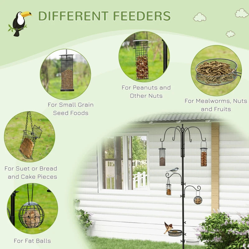 Premium Bird Feeding Station Kit - 6 Hook Wild Bird Feeder Pole with 4 Hanging Feeders for Garden & Outdoor Use - Black