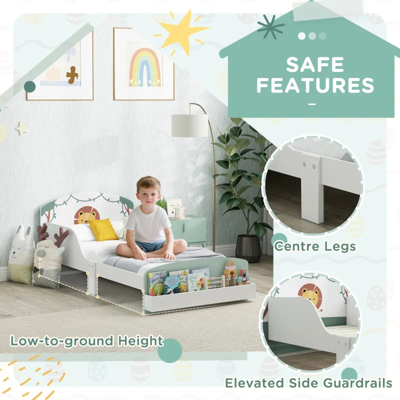 Lion Design Toddler Bed with Storage and Guardrails for Ages 3-8 Fits 140x70cm Mattress Green