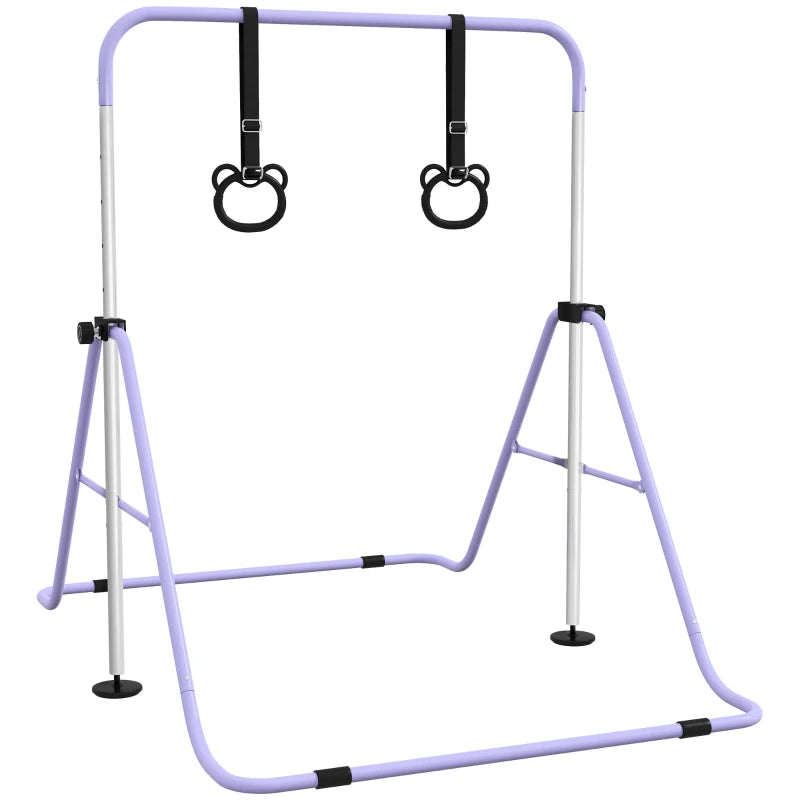 Adjustable Height Foldable Kids Gymnastics Bar with Non-slip Rubber Floor Rings for Ages 3 and Up in Purple
