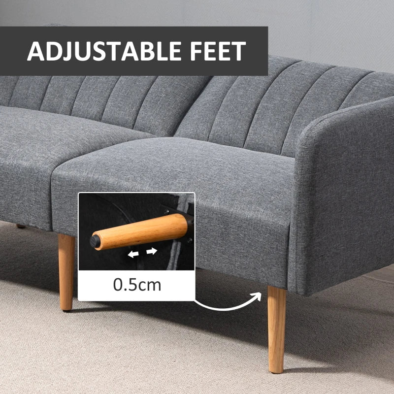 Convertible 3-Seater Sofa Bed in Grey Linen Fabric with Adjustable Split Backrest for Living Room or Bedroom