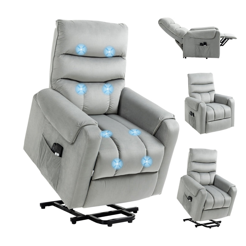 Electric Power Lift Recliner Chair with Vibration Massage, Remote Control and Side Pockets in Grey
