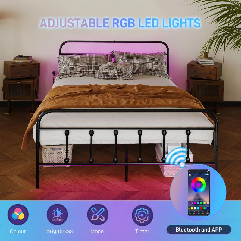 Modern Black Double Bed Frame with LED Lights & Charging Station, Metal Platform Design with Under Bed Storage