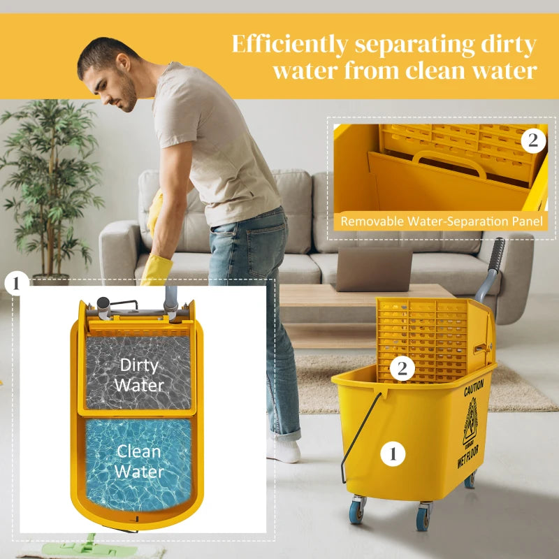 Yellow Mop Bucket with Wringer Set on Wheels - 20L Side Press Mop Bucket with Handle for Efficient Floor Cleaning