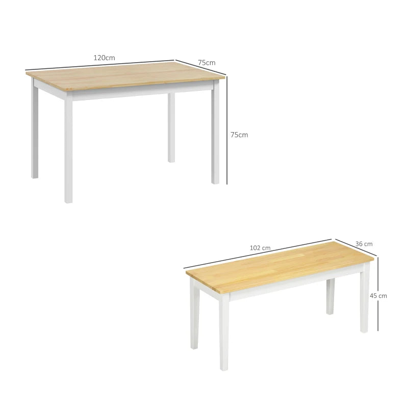 Farmhouse Dining Table and Bench Set - Wooden Frame Kitchen Furniture for Living Room, Natural & White Finish