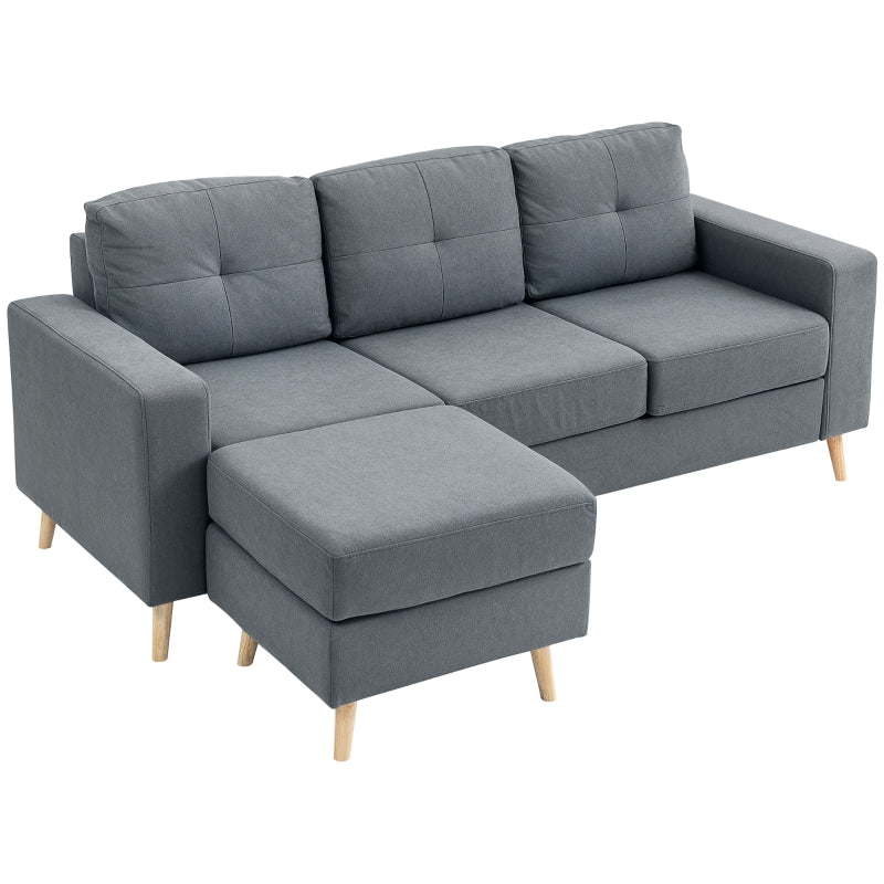 L-Shaped 3 Seater Sofa with Footstool - Fabric Sectional Couch for Small Spaces, Dark Grey, Ideal for Living Room or Office
