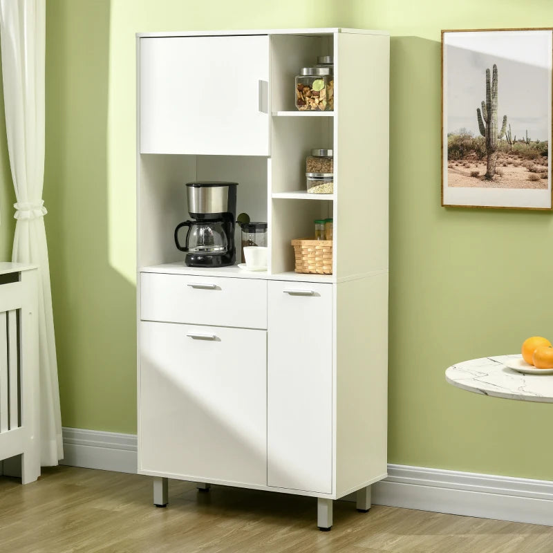 Modern White Kitchen Cupboard - Free Standing Storage Cabinet with Shelves & Drawer, 166 cm Tall Kitchen Unit