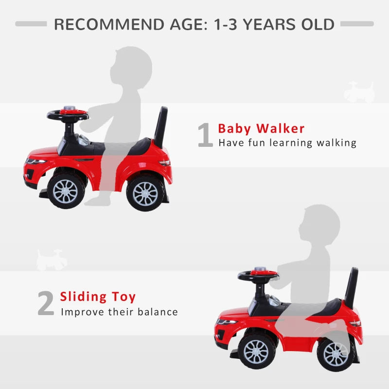 3-in-1 Ride On Car for Toddlers - Foot-to-Floor Slider with Horn & Steering Wheel, Safe Design, Red, 1-3 Years