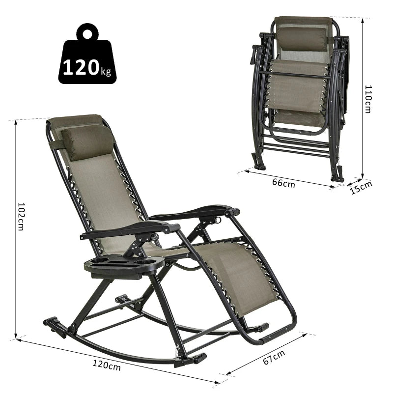 Grey Folding Rocking Sun Lounger Chair with Headrest and Side Holder