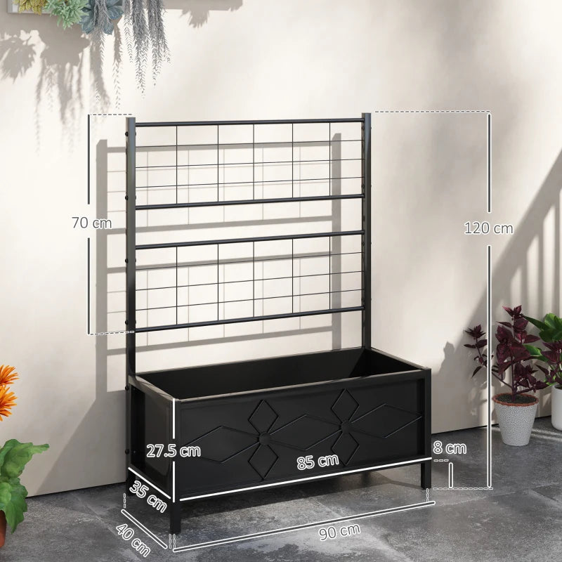 Raised Garden Bed with Trellis - Galvanised Planter Box, Diamond Pattern, Drainage Holes for Vegetables, Herbs & Flowers - 90 x 40 x 120 cm, Black
