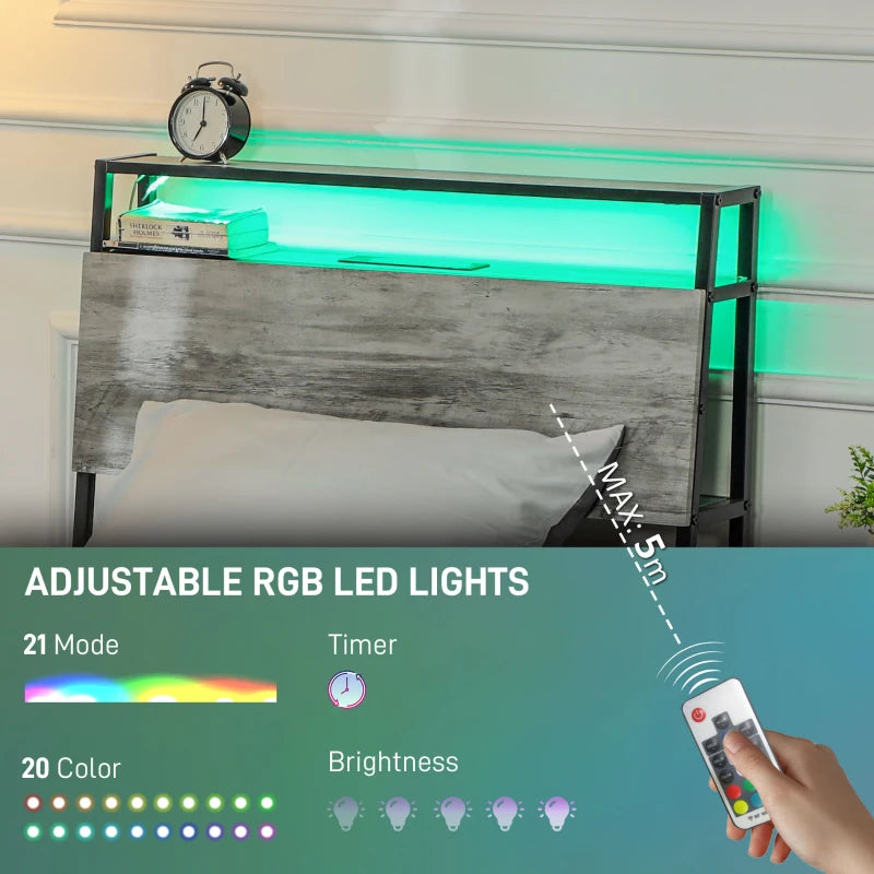 Modern Grey Single Steel Bed Frame with LED Lights & Headboard Shelf - Stylish & Functional Bedroom Furniture