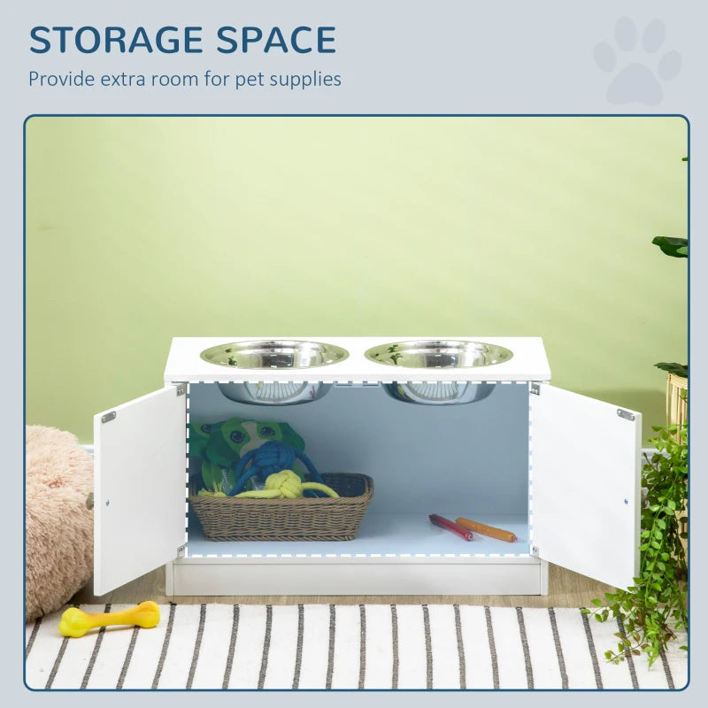 Elevate Your Pet's Dining: Stylish White Raised Feeder with Two Bowls & Convenient Storage