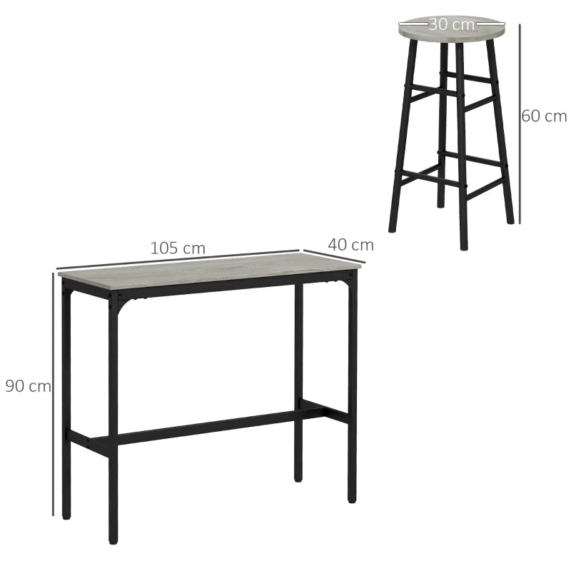 Industrial 3 Piece Bar Table Set with 2 Stools - Grey Dining Table and Chair Set for Home or Kitchen