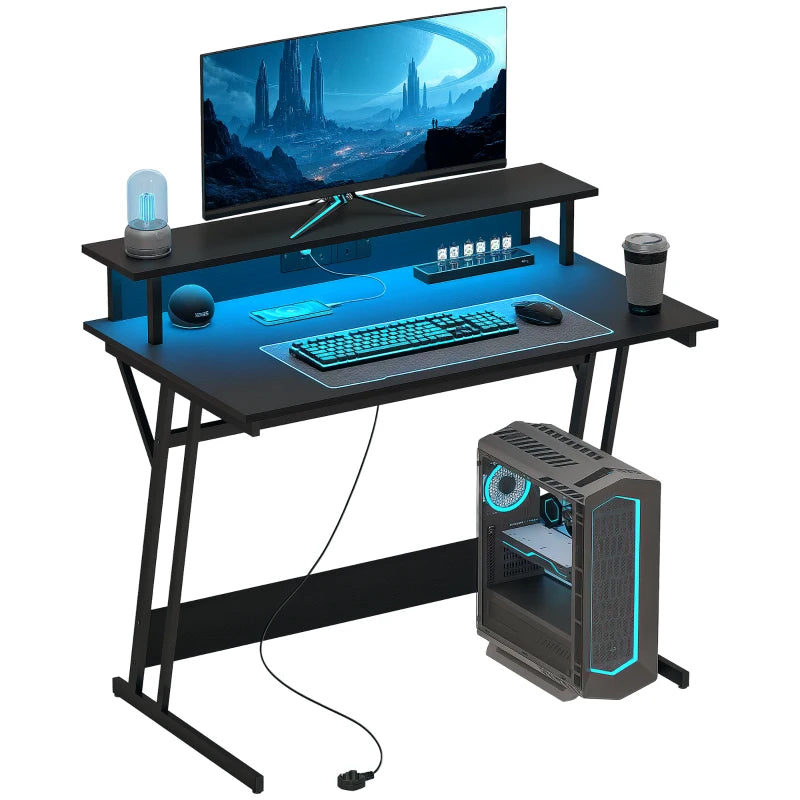 Two-Level LED Gaming Desk - Black | Modern Ergonomic Design with RGB Lighting for Ultimate Gaming Experience