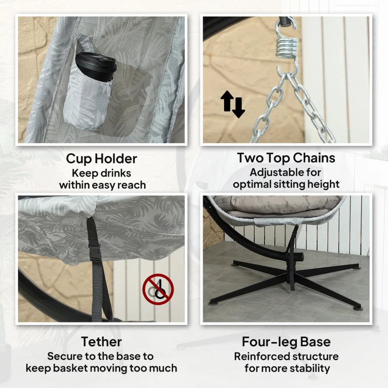 Hanging Egg Chair - Outdoor Indoor Garden Swing Chair with Folding Basket, Thickened Cushion, Cup Holder - Sand Brown