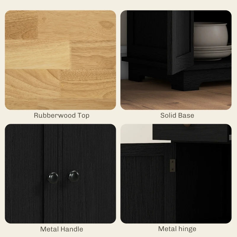 Stylish Black Wood-Effect Sideboard with Rubberwood Top & Adjustable Shelves - Perfect for Dining Room & Kitchen Storage
