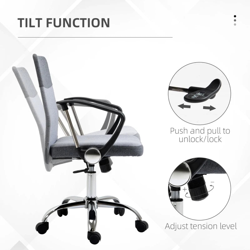 Vinsetto Grey Linen Fabric Swivel Office Chair - Adjustable Computer Desk Chair with Wheels for Home Study