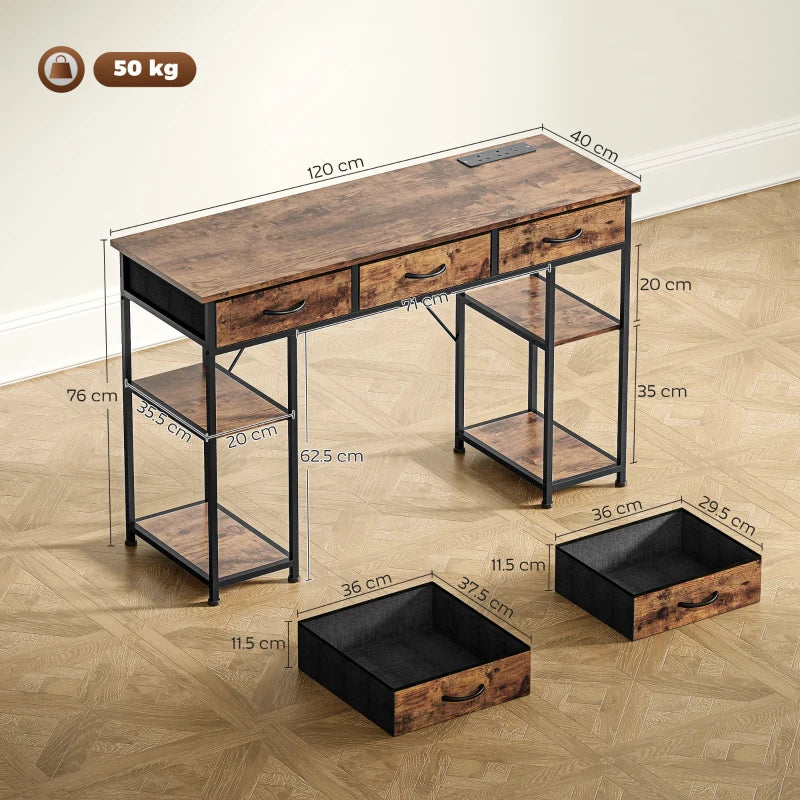 Rustic 120cm Computer Desk with Power Outlets, Fabric Drawers & Storage Shelves - Stylish Office Study Table in Brown