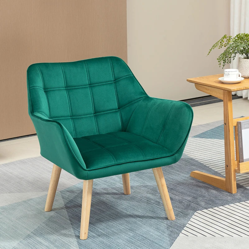 Stylish Green Accent Chair with Wide Arms, Slanted Back, Thick Padding and Rubber Wood Legs for Living Room