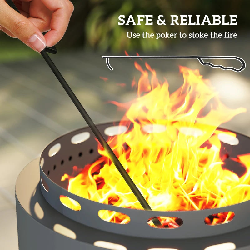 Portable Smokeless Fire Pit - 48.5cm Wood Burning Firepit with Poker for Garden, Camping & Bonfire Parties - Dark Grey Metal