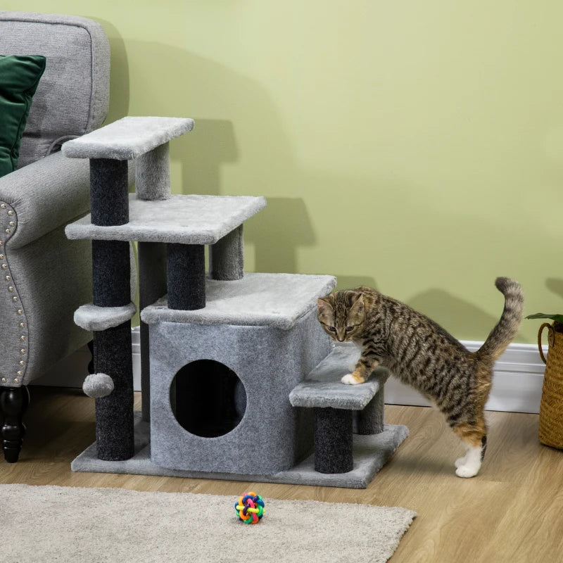Adjustable Cat Steps with House & Hanging Toy Ball - Grey | Perfect for Cats of All Sizes