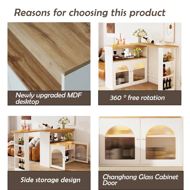 Modern Extendable Dining Table with Storage & LED Strip - Swivel Bar Bistro Table, 138-193x39x105 cm, Elegant White Finish